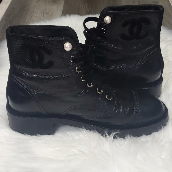 CHANEL Calfskin Pearl Combat Ankle Boots 41.5, Black - Picture 2 of 10